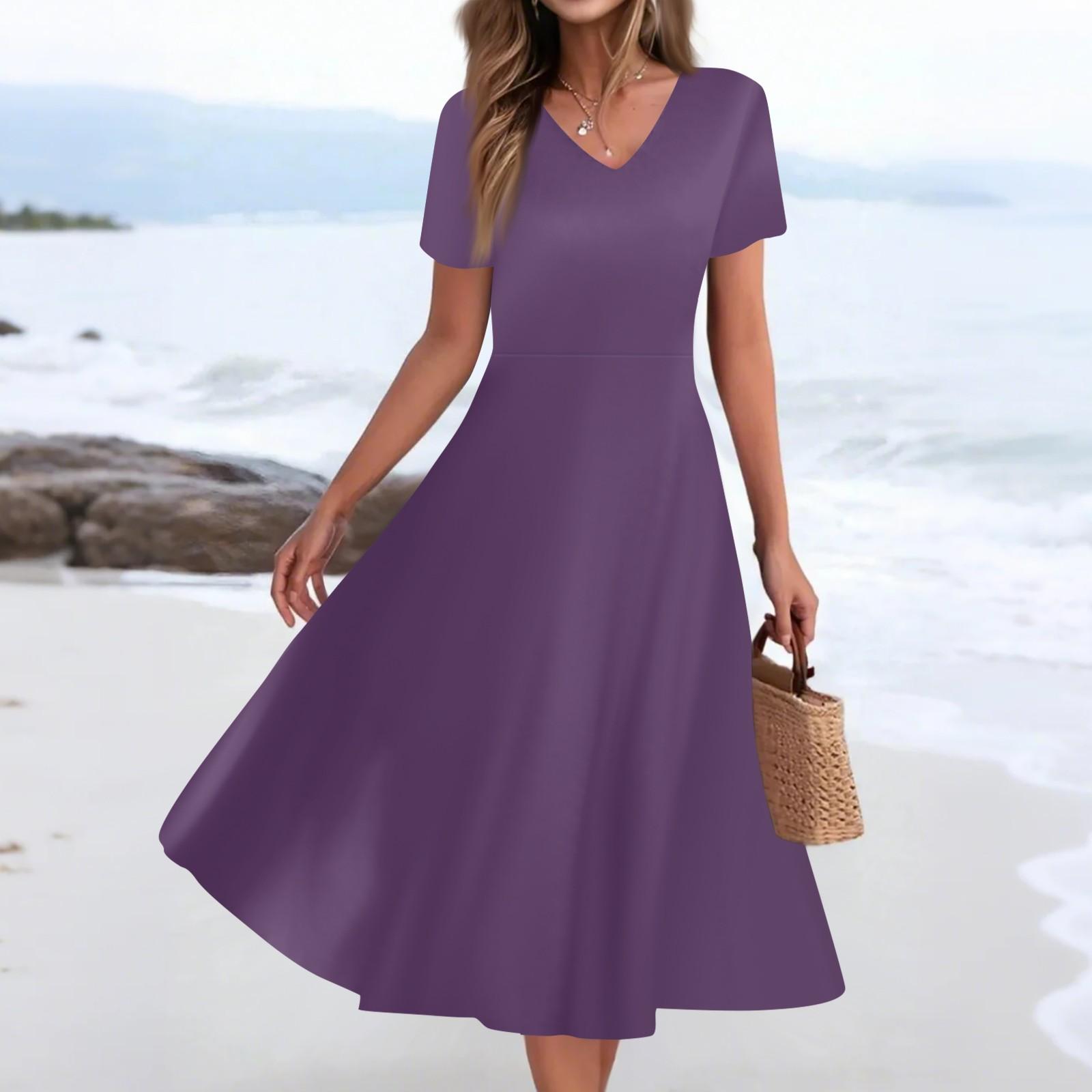

Женское летнее повседневное модное платье с принтом и карманом, коротким рукавом и V-образным вырезом XL фиолетовый