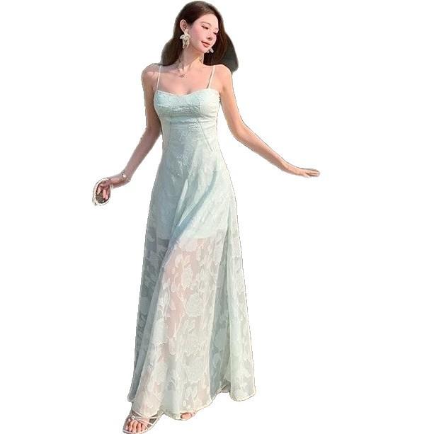 Atmosphere lace suspender dress women's spring French vacation style waist thin temperament big pendulum long skirt