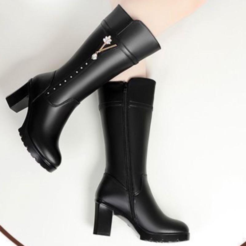 Dame Ankelstøvletter Høy Kvalitet Lær Casual Støvel Høyhælte Ankelstøvletter for Damer Plysj Varm Vinterstøvel Botas Mujer