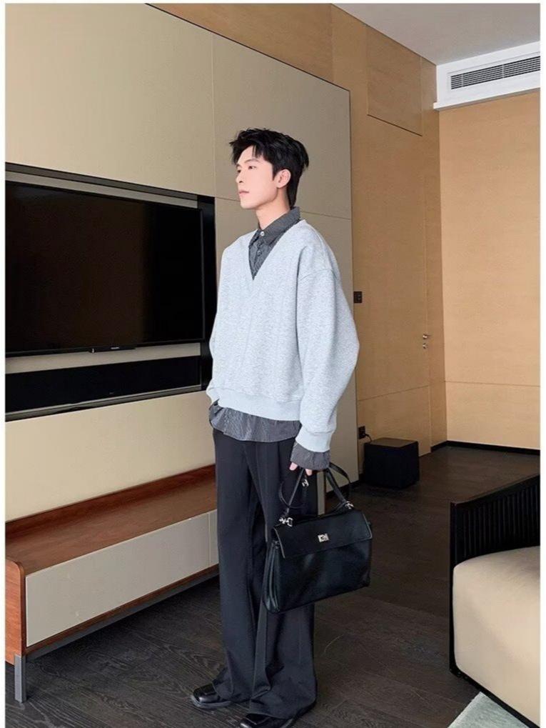 Men's Korean Style Two-Piece Patchwork Hoodie - Autumn/Winter Loose Fit, Solid Color, Versatile Design.