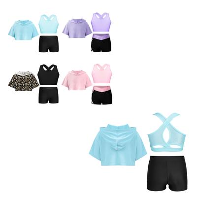 Çocuk Kız Egzersiz Jimnastik Kıyafeti Yoga Setleri Anahtar Delikli Sırt Yelek Şort Kısa Kollu Kapüşonlu Crop Top Genç Spor Atletik Takımlar