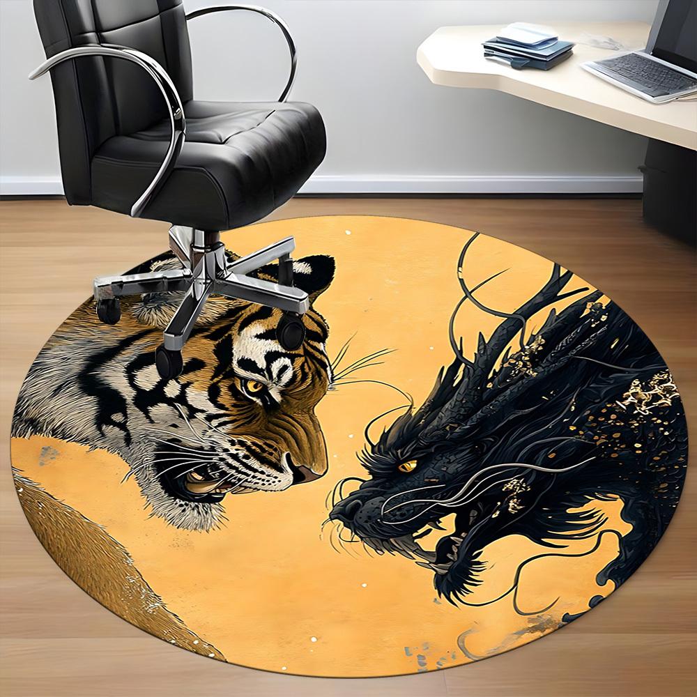 1pc Tiger Dragon Art Print Carpet, Round Non Slip Durable Large Size Office Carpet, Suitable for Office