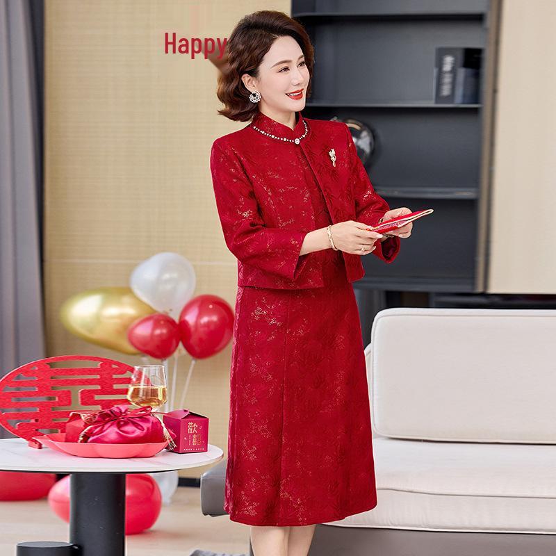 

2026 Women s Plus Size Casual Mother-in-Law Wedding Dress Outfit for Middle-Aged & Elderly - Festive Spring & Autumn Set XL (90-115 lbs) красный