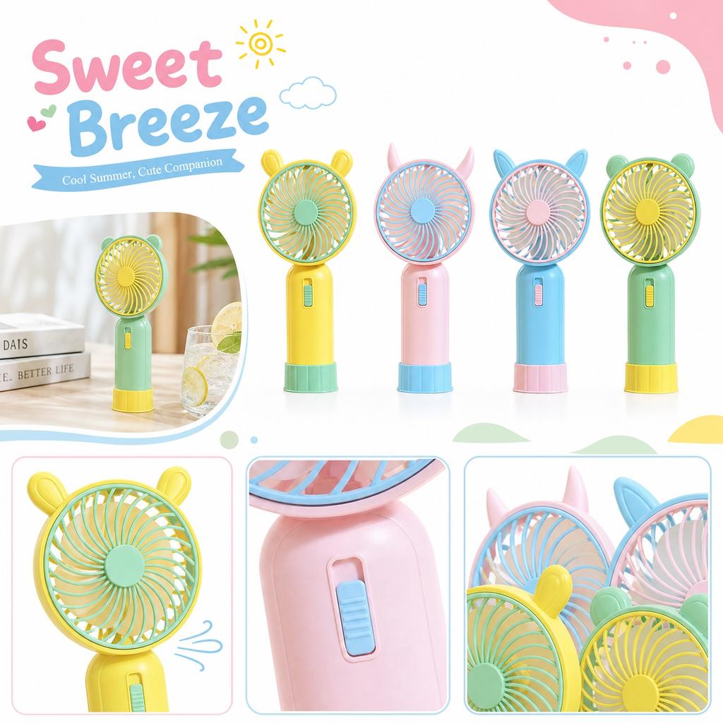 Rechargeable Handheld Fan with Base and Light for Kids, 2 Speeds, 1 Hour Battery Life