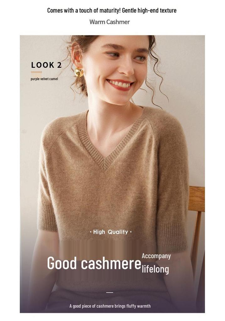 Women's Cashmere V-Neck Raglan Sweater - Short Sleeve, Solid Color, Autumn/Winter Thin Knit T-Shirt