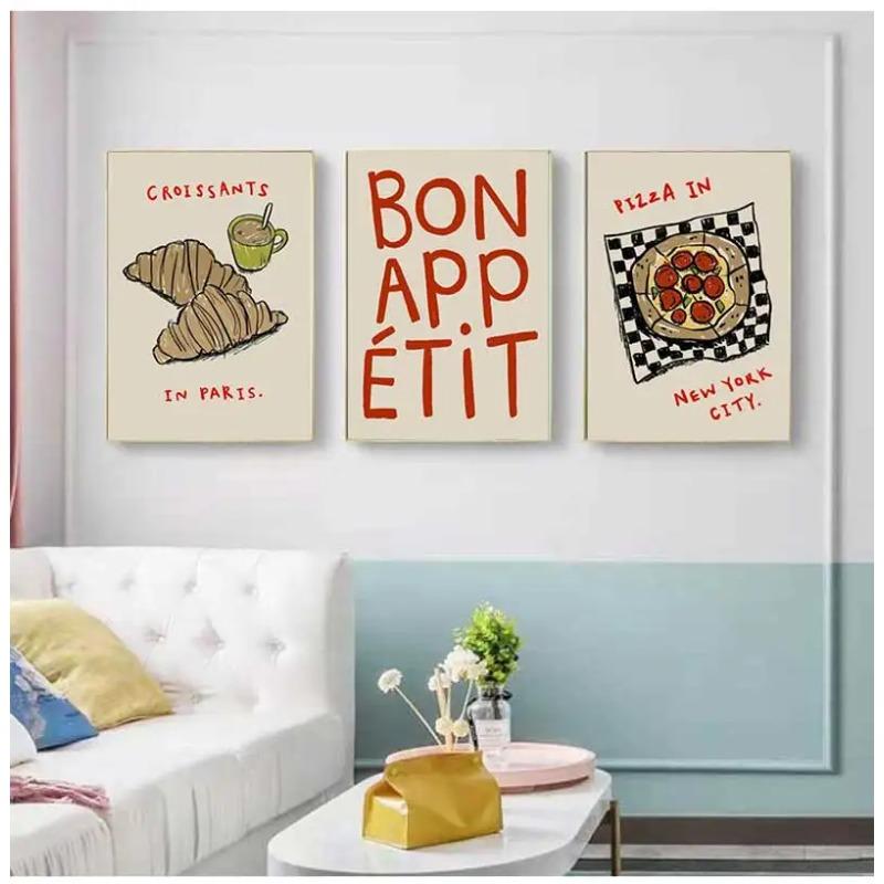 Retro Cooking Bon Appetit Quotes Posters Paris Croissants Pizza Prints Canvas Painting Kitchen Shop Wall Art Pictures Room Decor