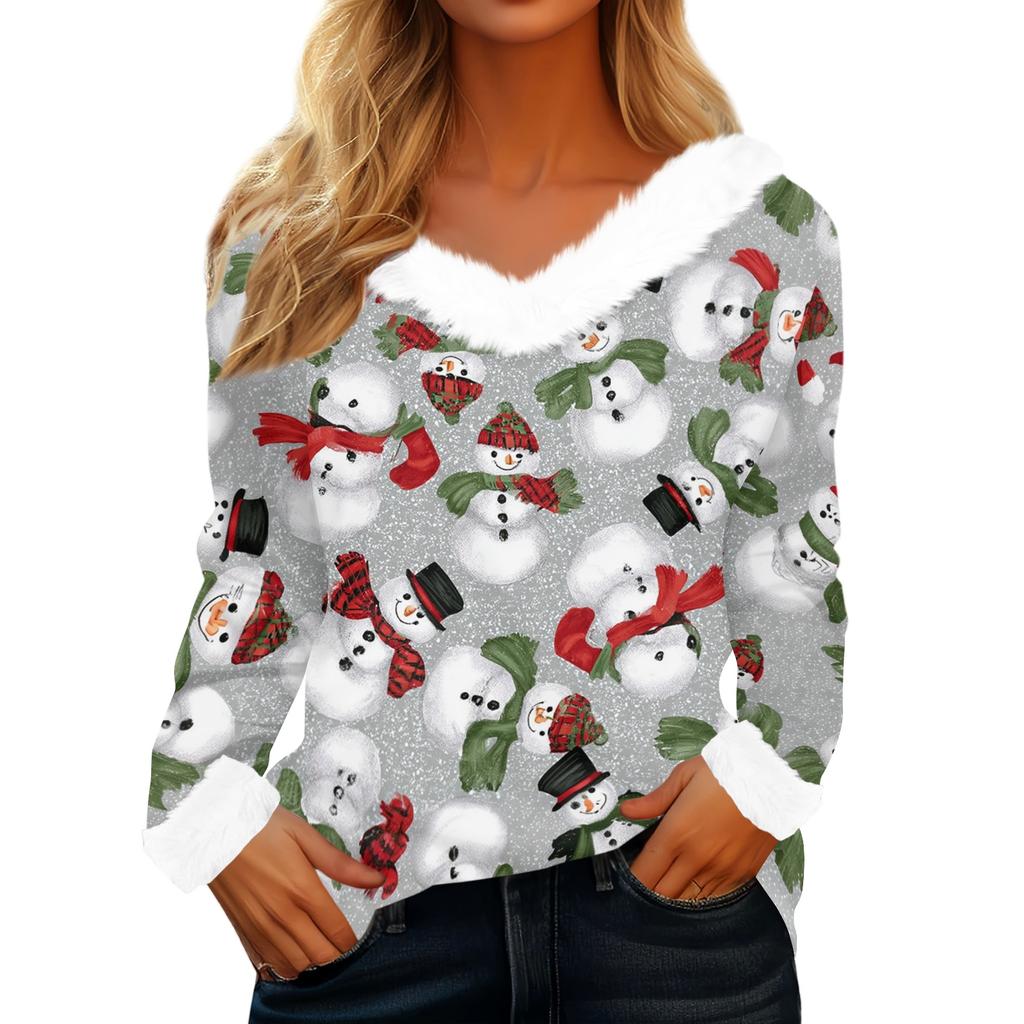 Women's Casual Long Sleeve Christmas Print Top with Collar