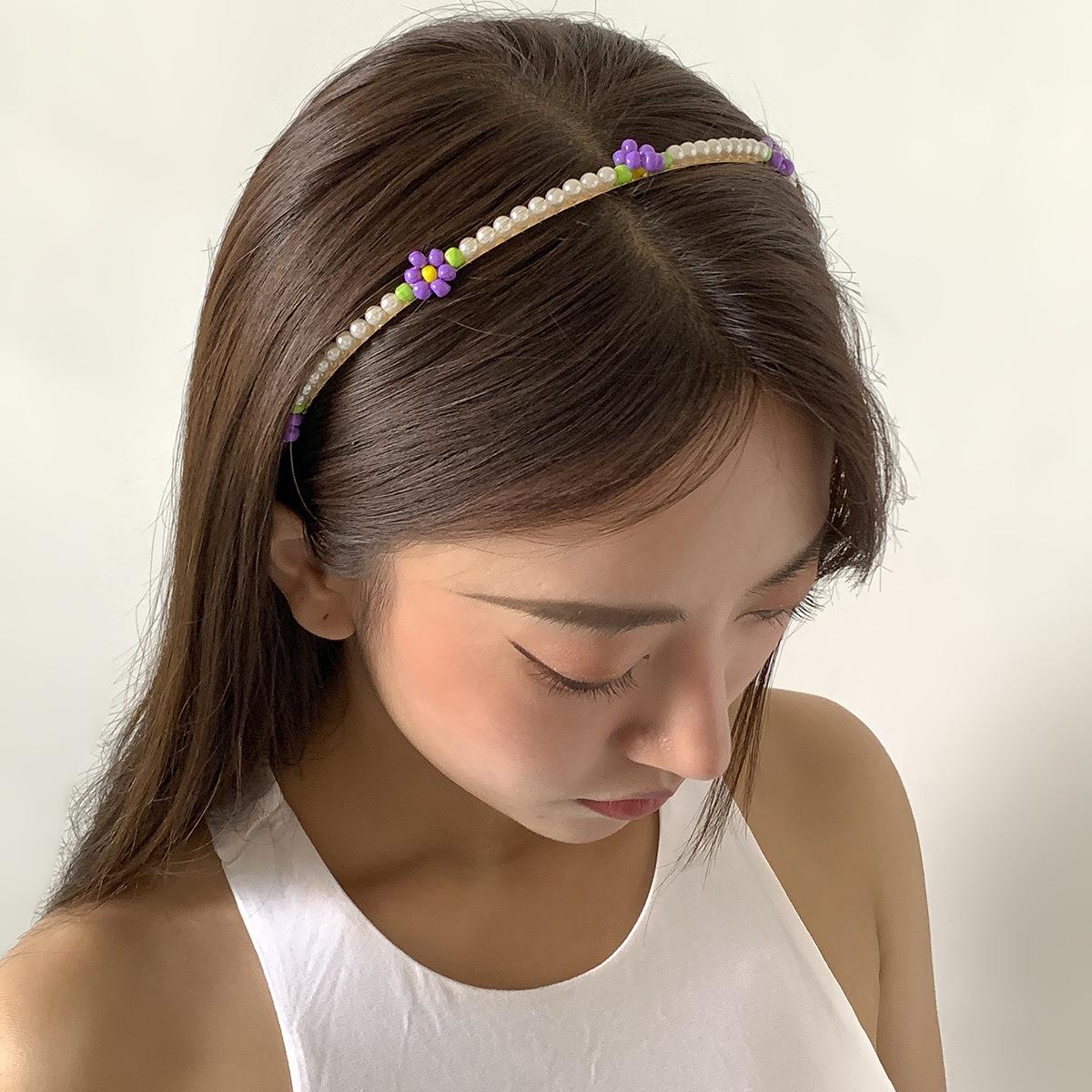 Holiday Idyllic Small Daisy Flower Rice Bead Headband, Simple Winding Sweet And Cool Imitation Pearl Hair Accessories