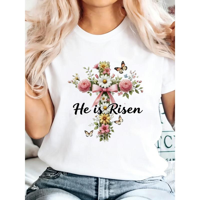 

Women s He Is Risen T-Shirt - Soft Breathable Short Sleeve Crew Neck Top with Watercolor Floral Cross Print & Slogan S белый