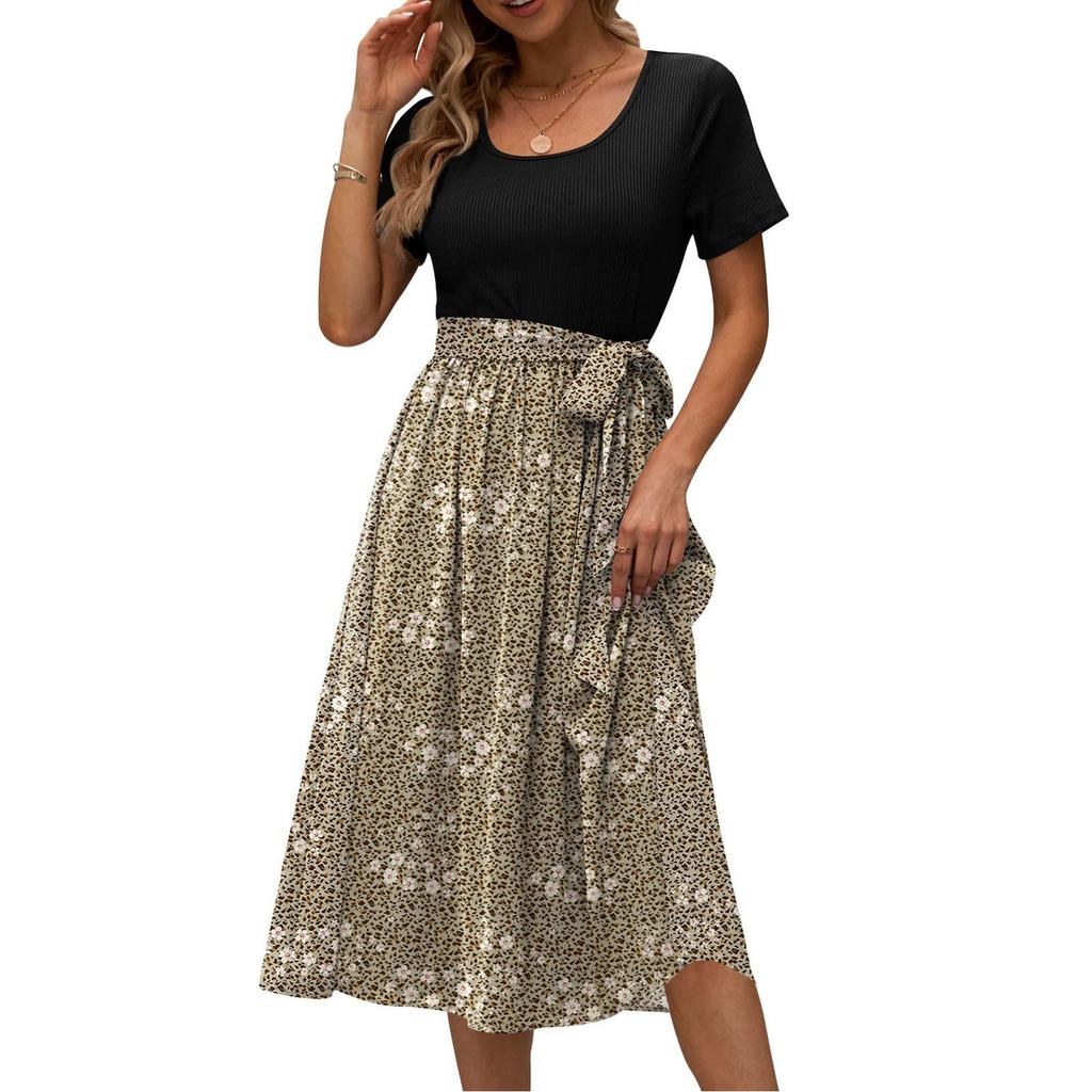 Midikleider Damen Blumendruck Patchworkkleid Kurzarm Rundhals Bequemes Alltagspartykleid