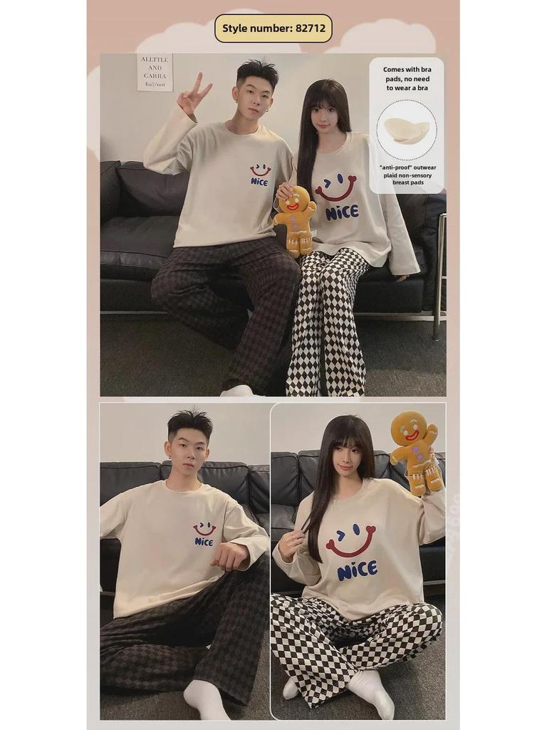 Koreanische Cartoon-Pyjamas für Paare mit Brustpolstern - Langärmlig für Herbst/Winter