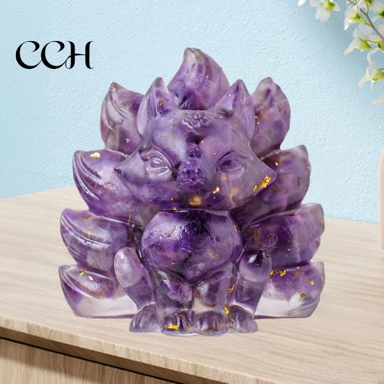 Nine-tailed Fox Ornament Natural Stone Foxes Figurine Positive Healing Energy Hand-carved Colorful Faux Collectible Toy Crystal Sitting Animal Statue