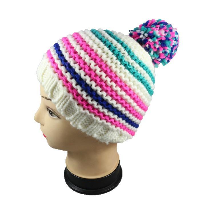 Contrasting striped knitted hat with colored hairball thickened warm cold hat, unisex