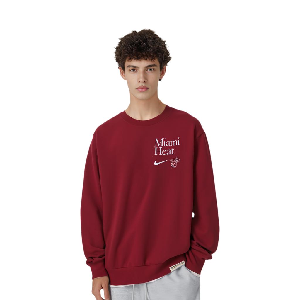 Nike Sudadera de manga larga casual para hombre con cuello redondo y letras de los Miami Heat de la NBA de la línea estándar Dri-FIT, color rojo oscuro FD8655-608