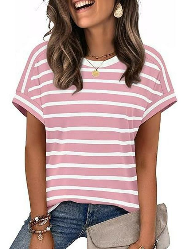 

New Arrival Women s Round Neck Striped Color Block Casual Short Sleeve T-shirt Small рожевий
