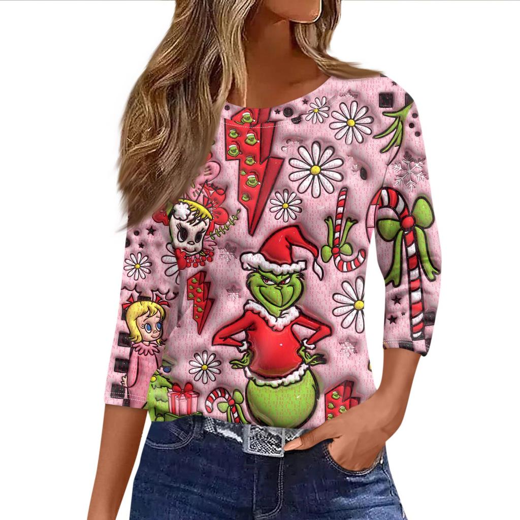 Damen Modisches Lässiges Dreiviertelarm Weihnachts-Print Rundhals-Top
