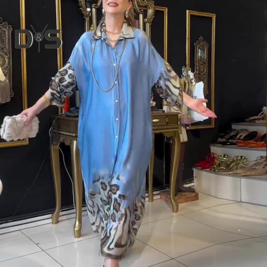 Lady Spring Maxi Dress Lapel Leopard Print Long Sleeves with Cufflink Loose Single-breasted Vintage High Waist Casual Daily Dress