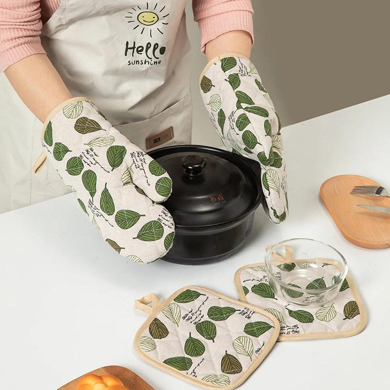 Thickened Oven Gloves Set, Anti-Scalding, Simple Cotton And Hemp, Microwave Oven Glove, Baking, Cooking, Kitchen