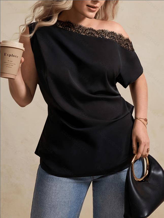 Plus Size Off-the-Shoulder Lace Patchwork Top - Modern & Elegant Women s Fashion 6XL