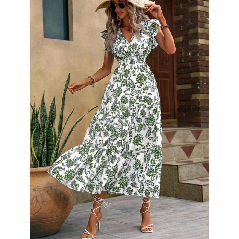 Yahua Women's Bohemian V-Neck Floral Dress - Elegant Summer Waist-Cinching Commuter Style 2026