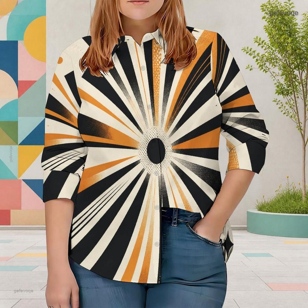 Women Plus Size Abstract Geometric Printed Collared Neck Long Sleeve Button Front Curved Hem Shirt