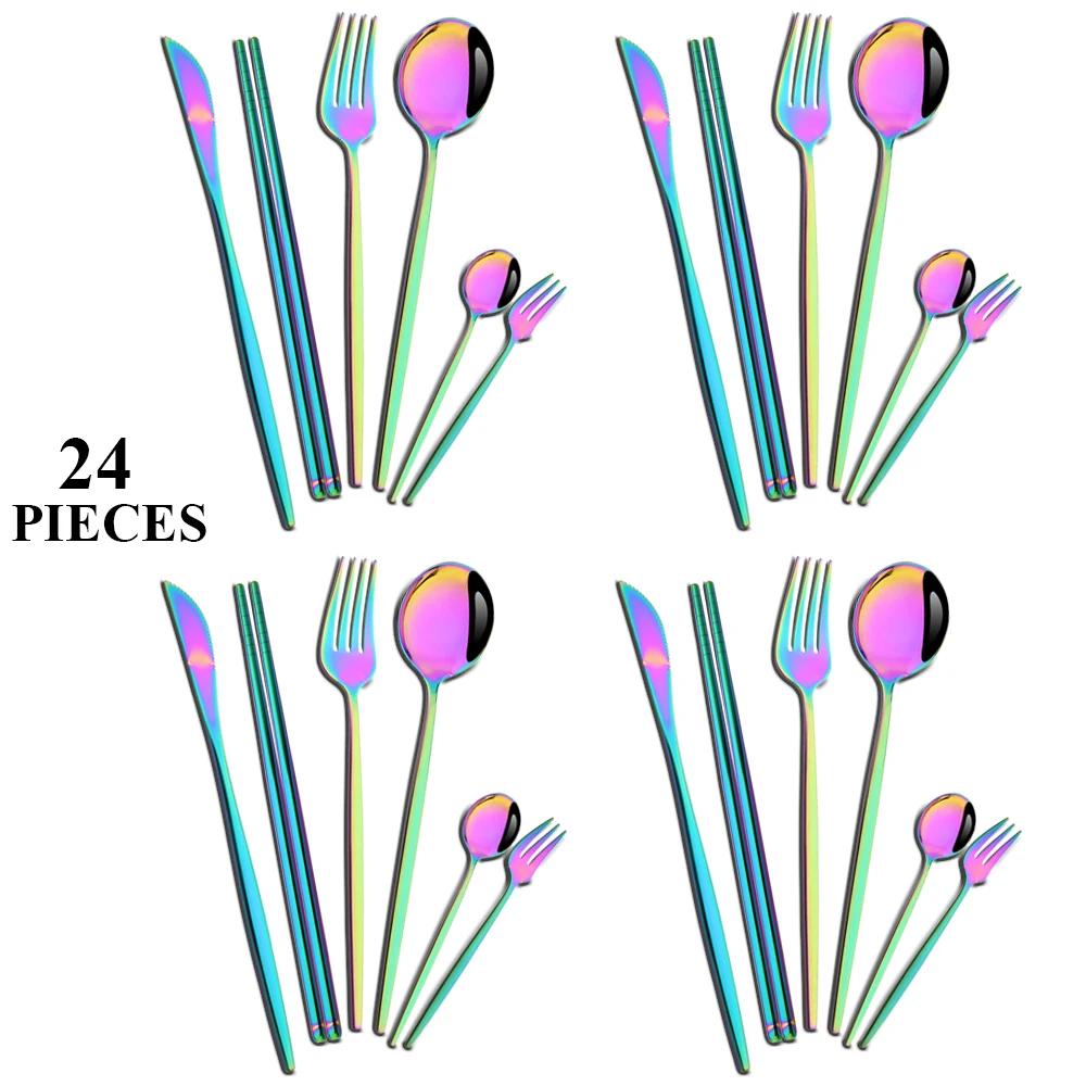 24Pcs Gold Tableware Set Stainless Steel Flatware Dinner Knife Forks Spoon Chopsticks Cutlery Set Kitchen Wedding Dinnerware Set