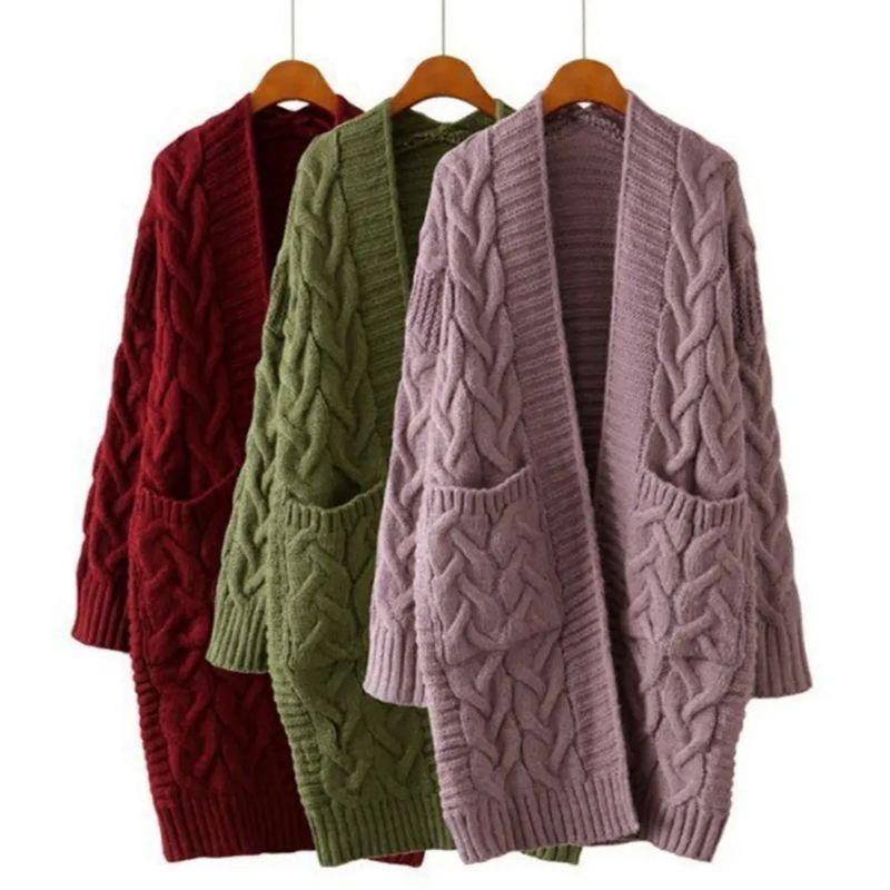 Dámský módní ležérní dlouhý jednobarevný svetr bez knoflíků cardigan bunda