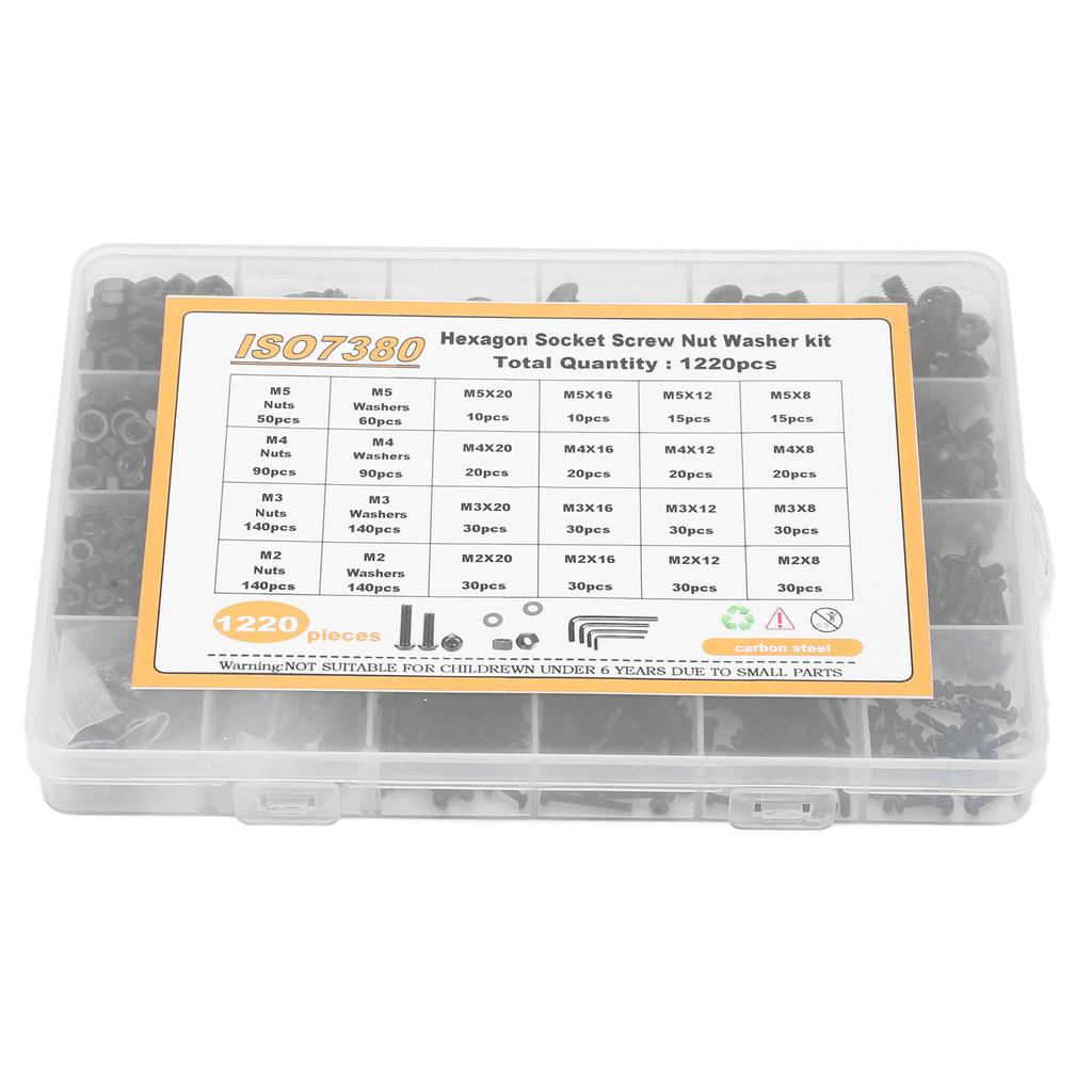 1220 Stück Schrauben Muttern Unterlegscheiben Set Kohlenstoffstahl M2 M3 M4 M5 Halbrundkopf Innensechskantschrauben Muttern