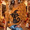 Women's Stylish V-Neck Three-Quarter Sleeve Casual Halloween Print Top