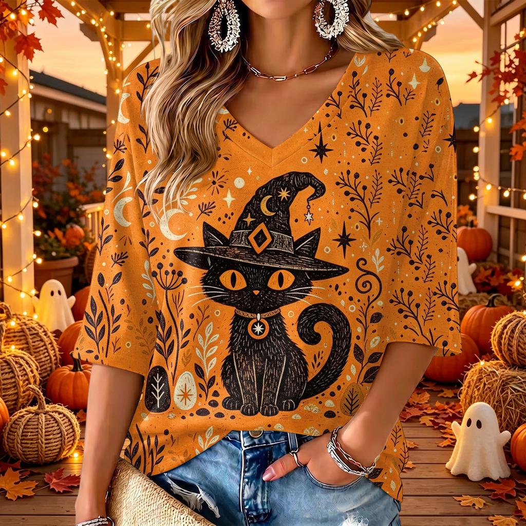 Women's Stylish V-Neck Three-Quarter Sleeve Casual Halloween Print Top