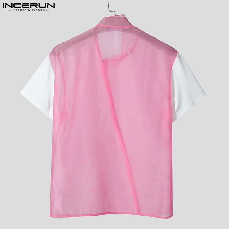 INCERUN Sommer Herren Stehkragen Kurzarm Mesh Sheer Patchwork T-Shirts