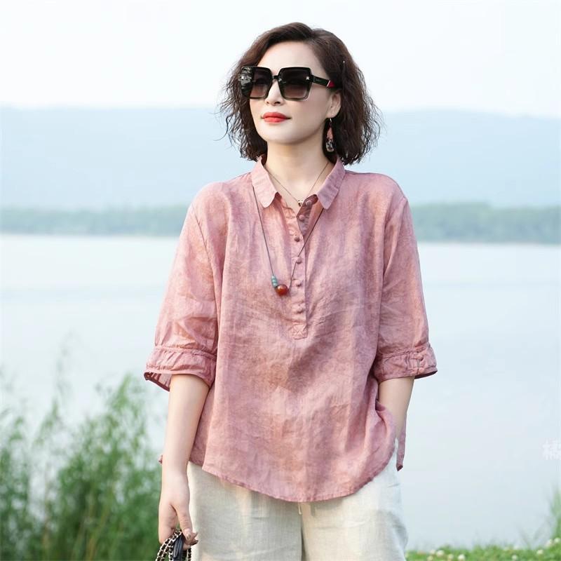 

Shirt Shirt Loose and Thin Ladies Summer Thin Cotton and Linen Blouse Small Shirt Middle-aged Mother Western Style 5XL