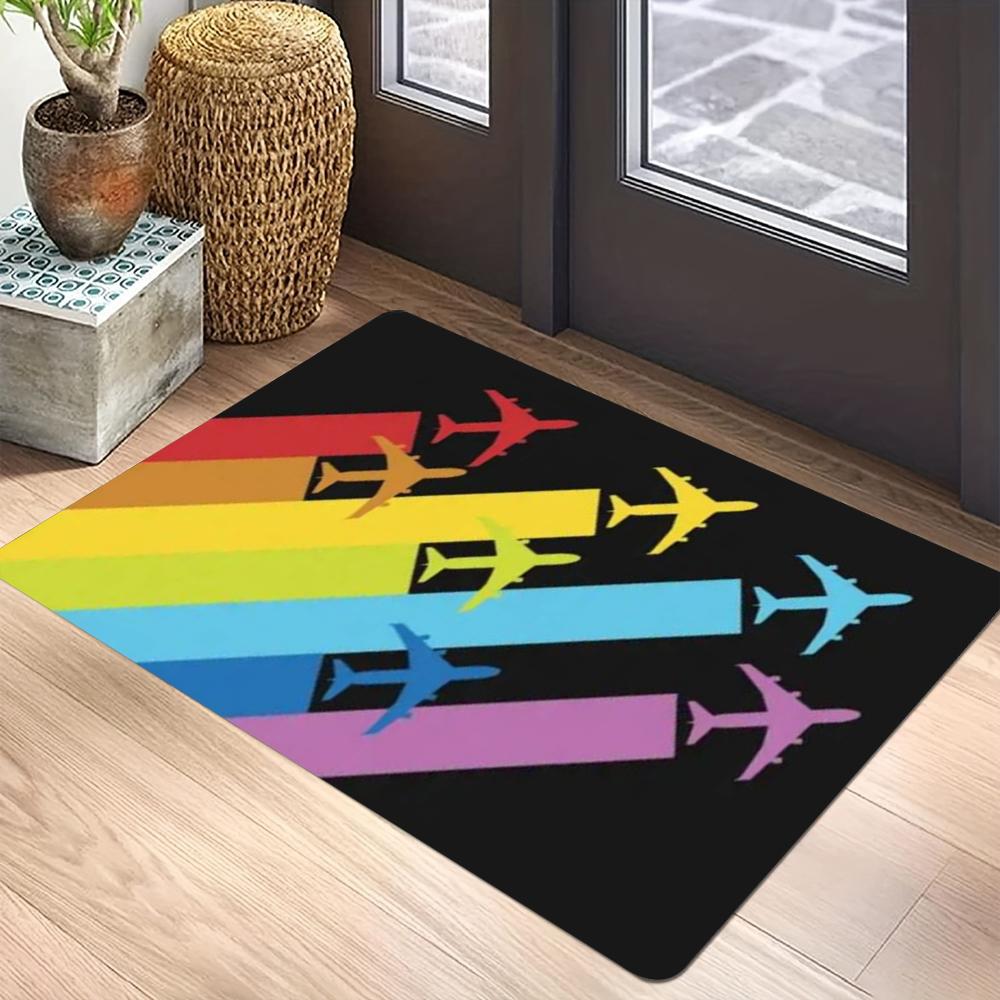 Aviation Theme Carpet Mat - Spitfire Airplane Rainbow Stripes Flight Route Pilot Collector Decorative Home Decoration Rug