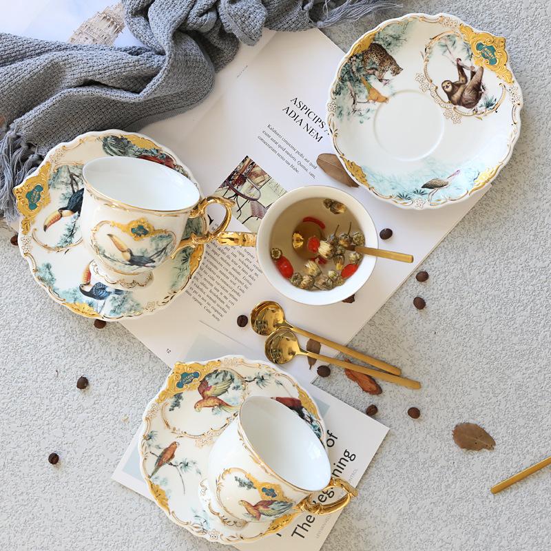 English Jungle Ceramic Coffee Cup Coffee Cup Saucer Set Household Simple Afternoon Tea Flower Tea Cup With Spoon