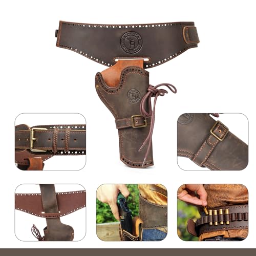 TOURBON Pistol Holster, Genuine Leather, with Bullet Belt, Revolver Gun Holster, Revolver Gun Belt