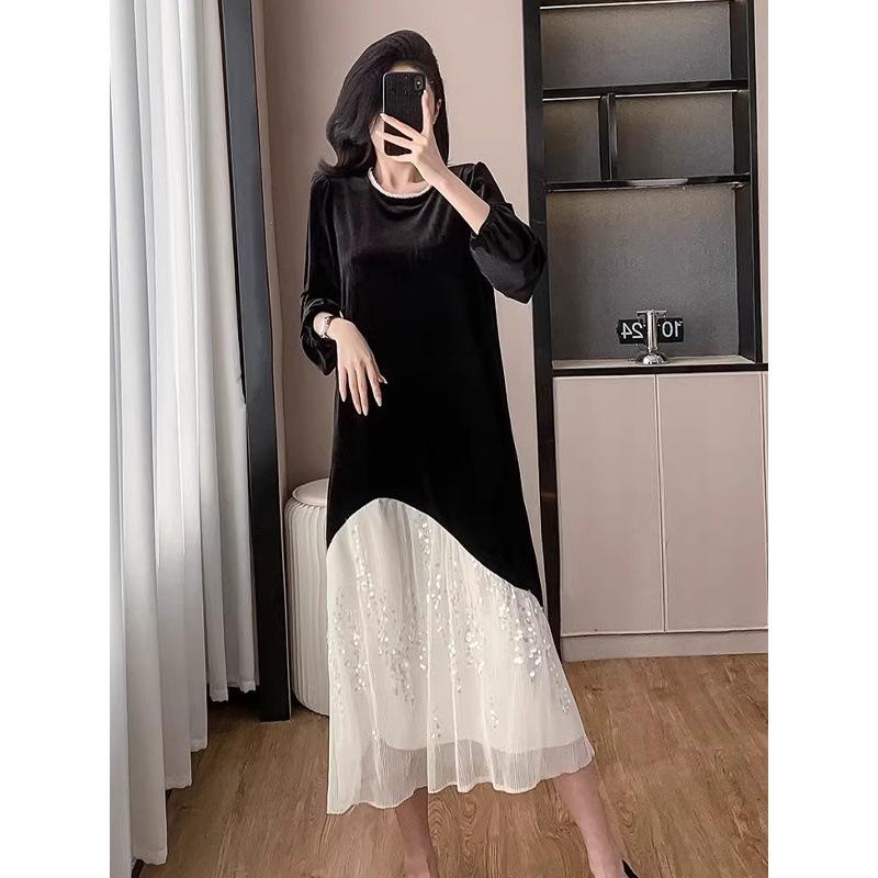 Langes Kleid aus Pailletten-Spitze und Samt im Hepburn-Stil für Herbst/Winter