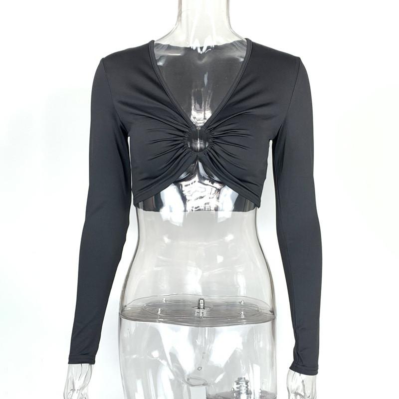 Bawełniany jedwabny długi rękaw crop top ze wstawkami i metalowymi ozdobami do noszenia na imprezę