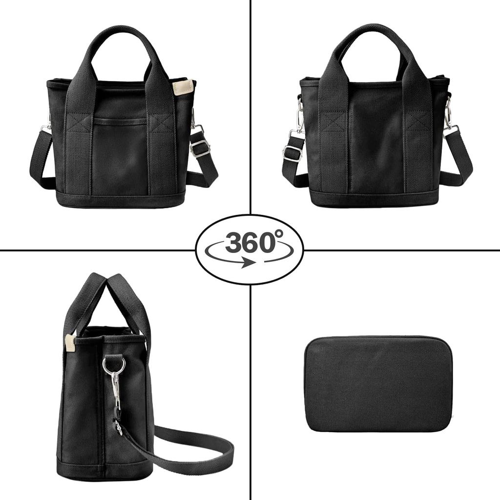 [Sitengle] Women's Canvas Tote Bag, Shoulder Bag, 2-Way Crossbody Bag with Compartments, Mini Tote, Small Handbag, Simple, Solid Color, Lightweight,