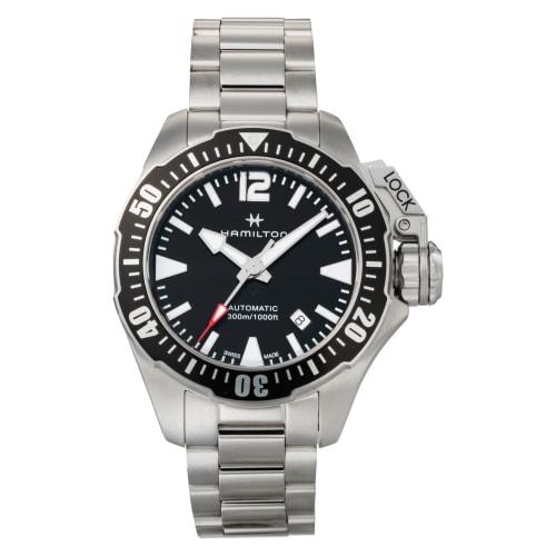 

HAMILTON Men s Khaki Navy Watch (H77605135) Automatic, 30 ATM Water Resistant, Sapphire Crystal, Black Dial, Stainless Steel