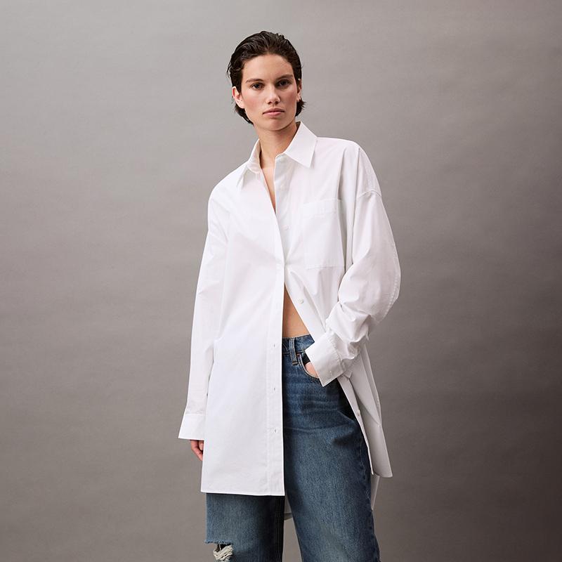 Calvin Klein Ss25 Cotton Loose Minimalist Long Sleeve Dress Women Dresses Moonlight-White 47AB001