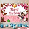 Pink Cowboy Birthday Party Banner, Girl Riding Horse Polyester Backdrop for Home Wall