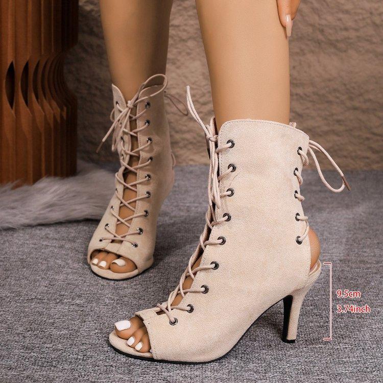 Fish mouth large size spring and autumn new thin high heel temperament cross lace-up cool boots women