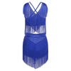 Costume da Danza Latina da Donna S-XXL: Top con Scollo a V Senza Maniche Incrociato sulla Schiena e Frange & Gonna a Strati con Nappe per Gara