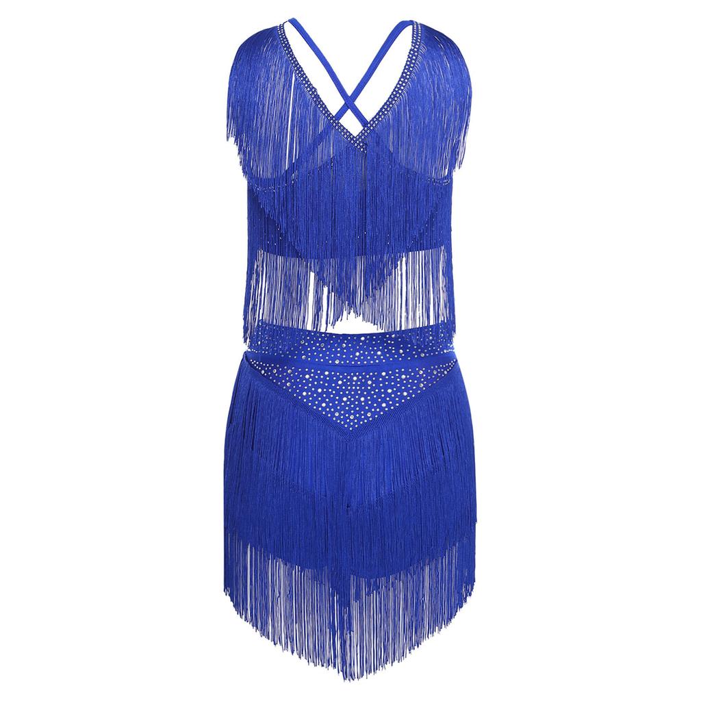 Costume da Danza Latina da Donna S-XXL: Top con Scollo a V Senza Maniche Incrociato sulla Schiena e Frange & Gonna a Strati con Nappe per Gara