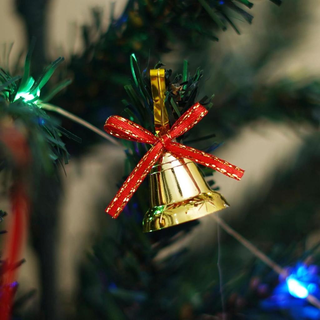 Vánoční zvonky (Sada 12) Zlaté rolničky s červenou stuhou | Předměty na ozdobu vánočního stromku | Vánoční dárky ozdoby rekvizity dekorace