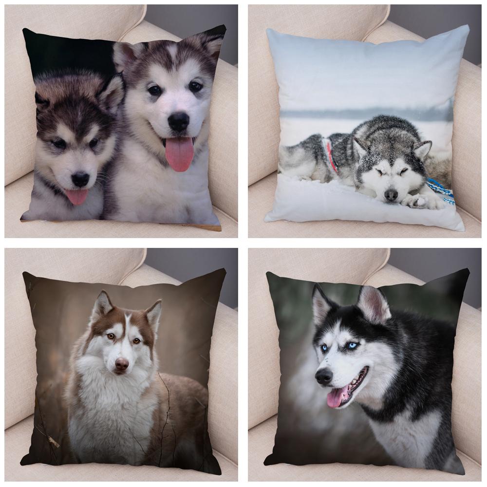 Pet Animal Sofa Cushion Cover Cute Siberian Husky Pillowcase Decorative Dog Print