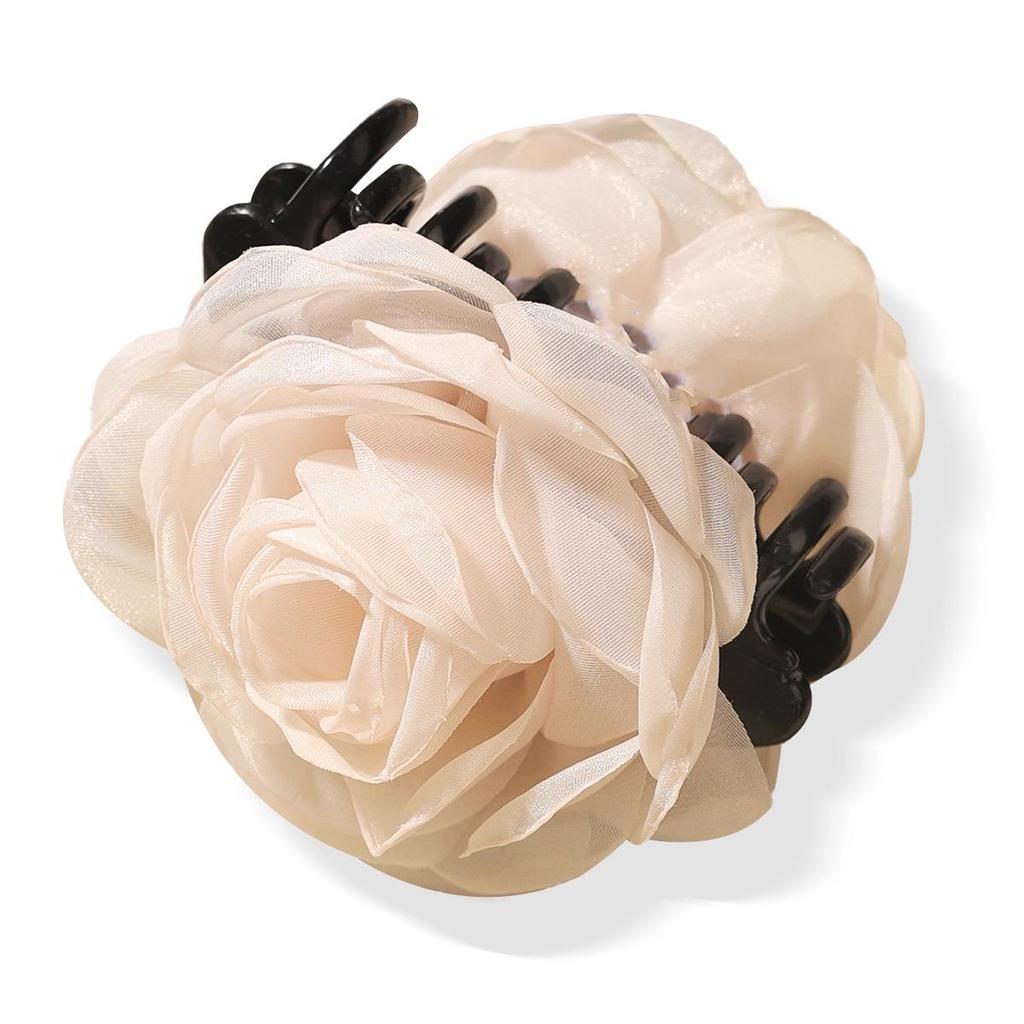French Satin Camellia Large Hair Claw Clip - Elegant Floral Accessory
