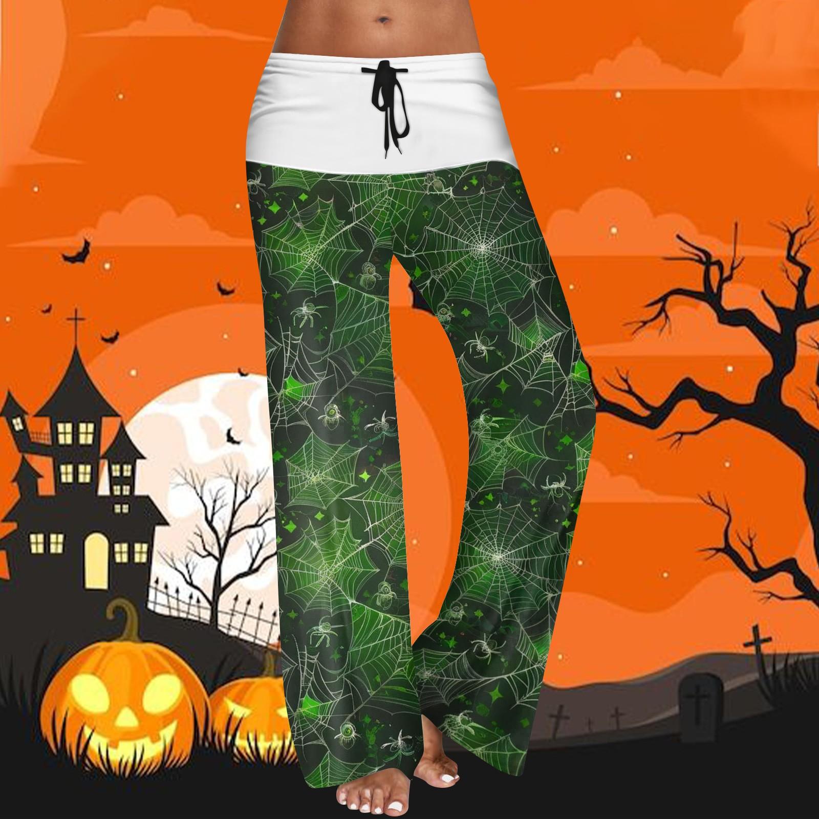 

Женские повседневные брюки с эластичным поясом на кулиске, широкими штанинами, цветной вставкой и принтом на Хэллоуин L