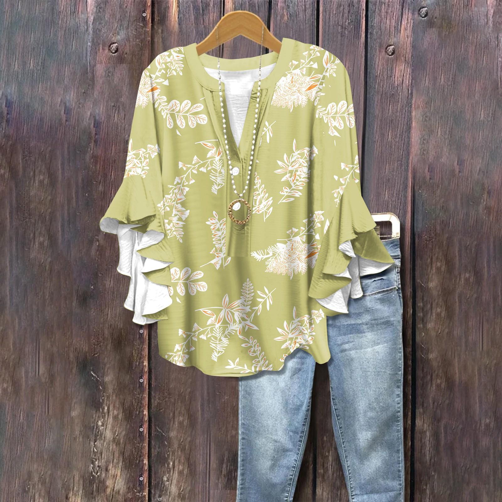 

Летние топы для женщин, симпатичные блузки с V-образным вырезом и рукавом 3/4, повседневные рубашки с цветочным принтом XL жёлтый