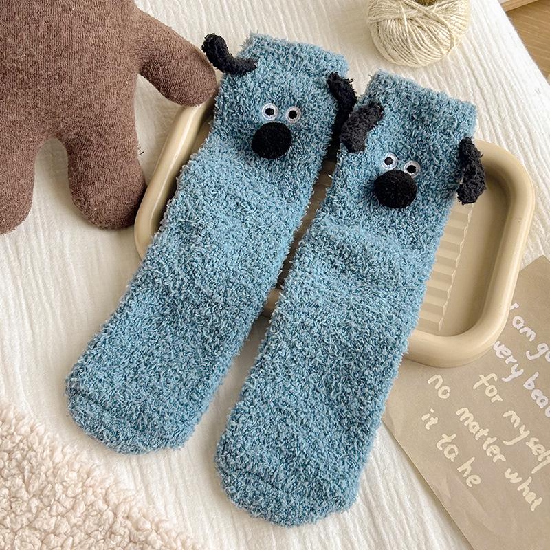 Women's Winter Coral Fleece Socks - Cute Cartoon Puppy, Thick, Warm, Mid-Calf Home & Sleep Socks